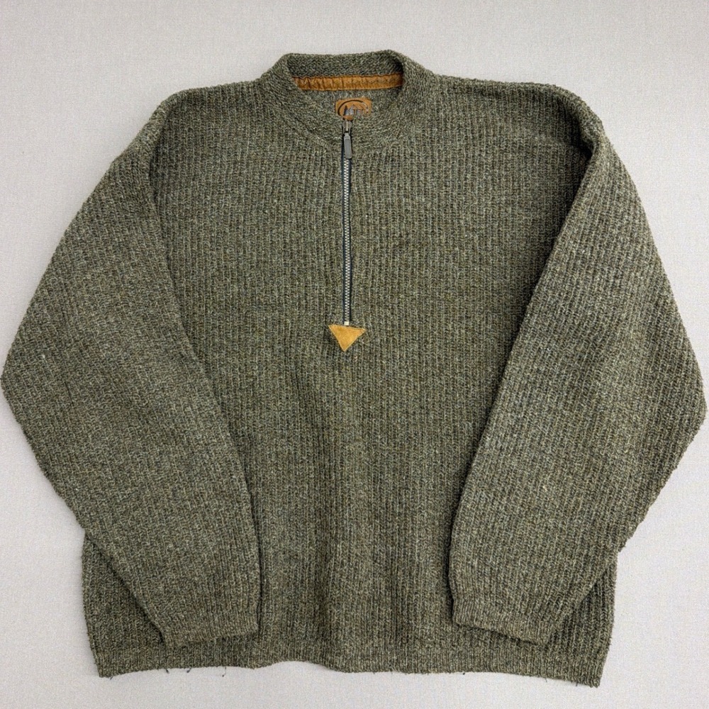 Vintage REI Mens Large Quarter Zip Wool Blend Ribbed Knit Sweater Olive Green